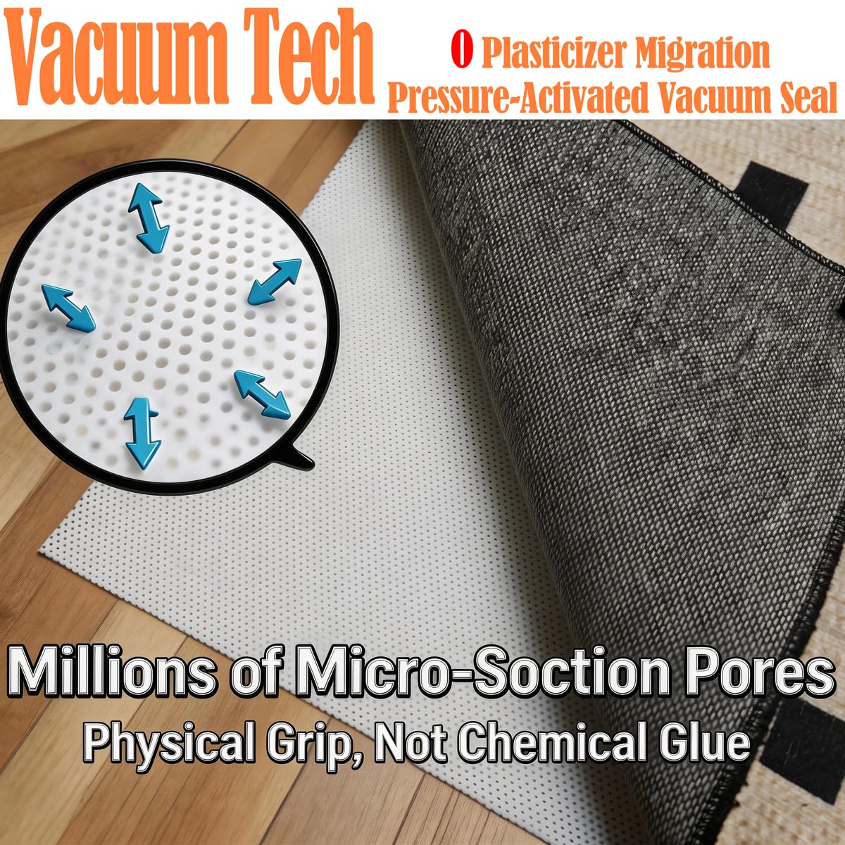 Mayhawk Non-Slip Rug Gripper Pad: Vacuum Tech for Stronger Grip, Adhesive and Residue-Free Silicone, Safe for Hardwood Tile & LVP, BPA-Free, Machine Washable, Odorless Tear-Resistant, 2x3 Ft Thin
