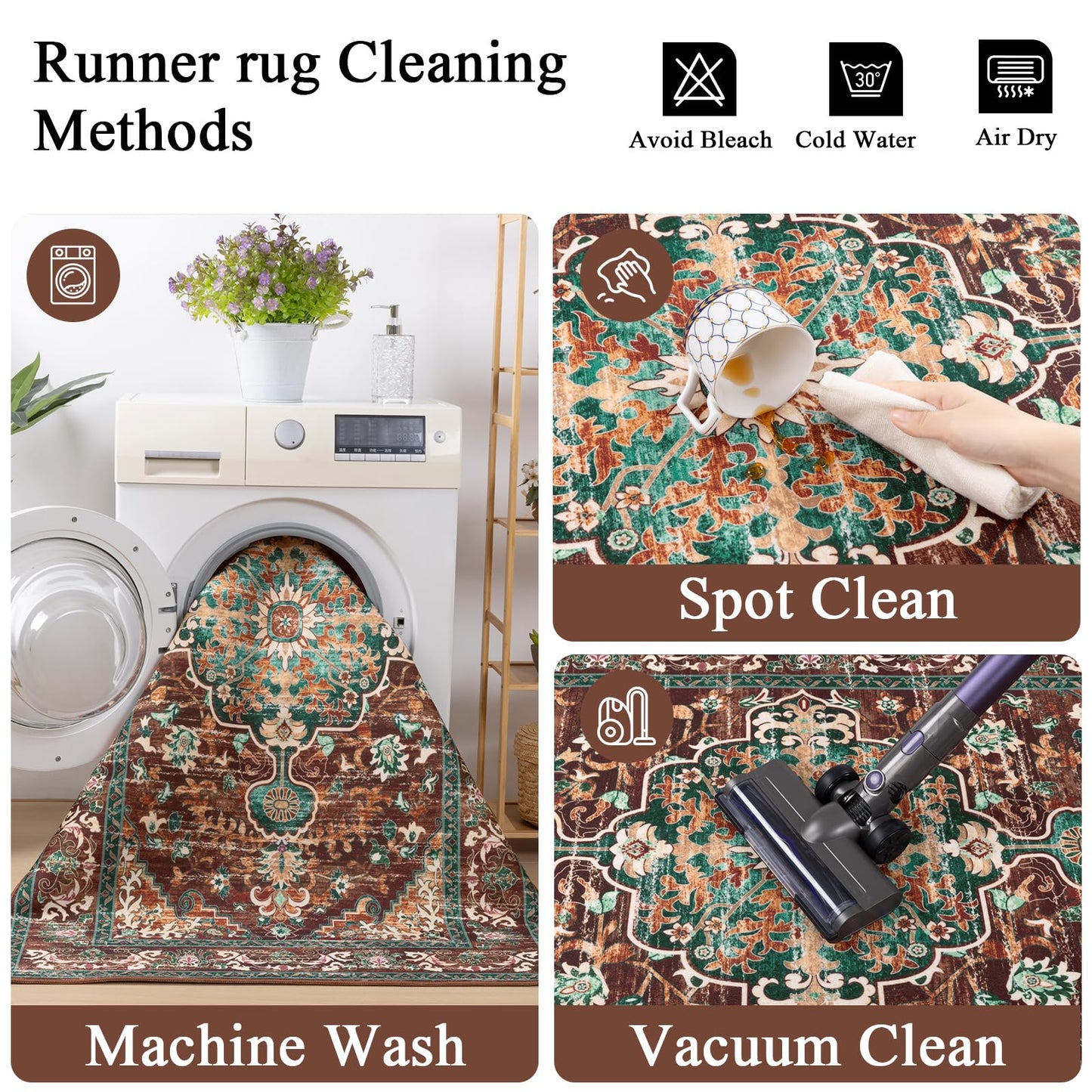 U'Artlines 3' x 14' Boho Hallway Runner Rug, Rust Non Slip Washable Vintage Farmhouse Accent Rug Carpet for Kitchen Entryway Laundry and Living Room (Rust＆Teal)