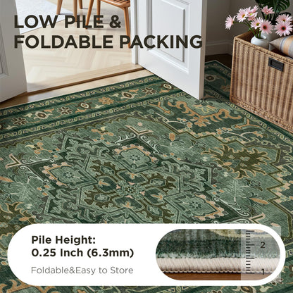 Joydeco Area Rugs 6'x9' Washable Non-Slip, Floral Vintage Distress Medallion Carpet for Living Room Bedroom Dining Room, Green&Beige&Dark Gray