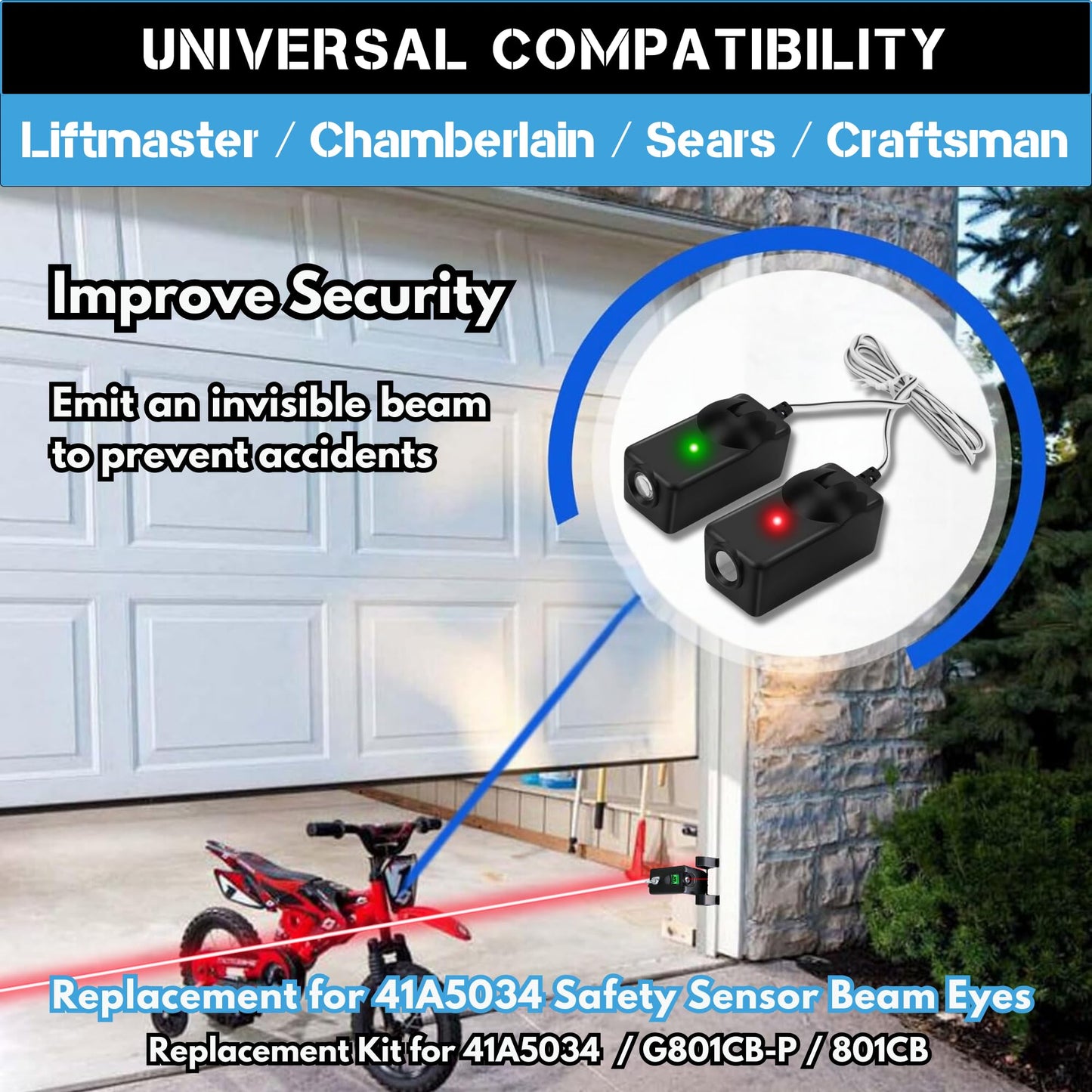 41A5034 Safety Sensors Eyes & Brackets Kit, Compatible with Craftsman Liftmaster Sears Chamberlain Garage Door Openers After 1997, Garage Door Sensor Replacement Kit