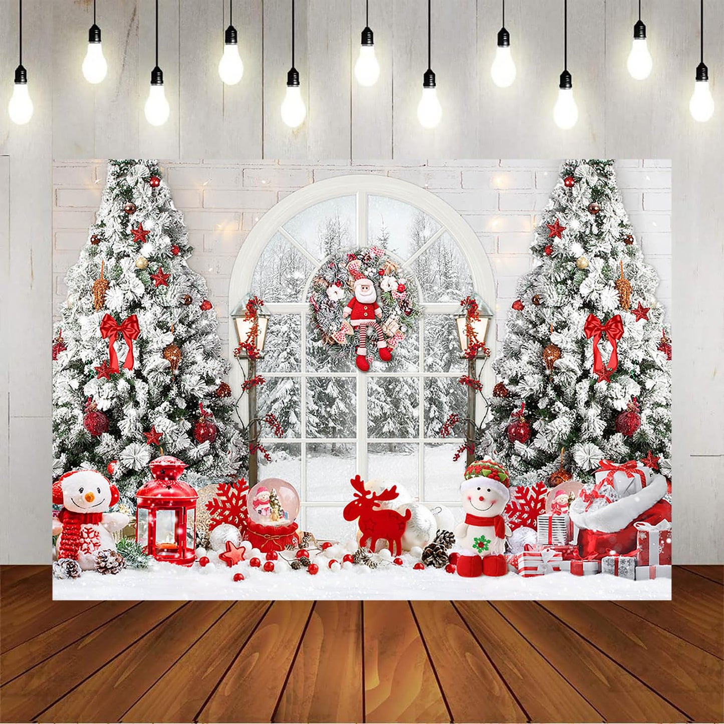 Mocsicka Christmas Window Backdrop Snow World Santa Claus Snowman Photography Background Christmas Tree New Years Kids Family Party Decoration Props Portrait Photo Studio Props (8x6ft)