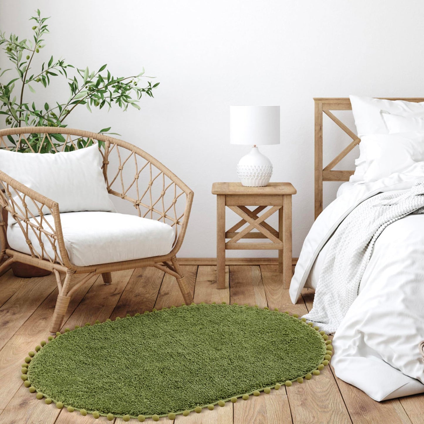 YIRDDEO Bath Mat Olive Green Oval Rug with Pom Bathroom Rugs for Bedroom Non Slip Cute Boho Absorbent Mats Soft Plush Washable Rug (24x36 inches)