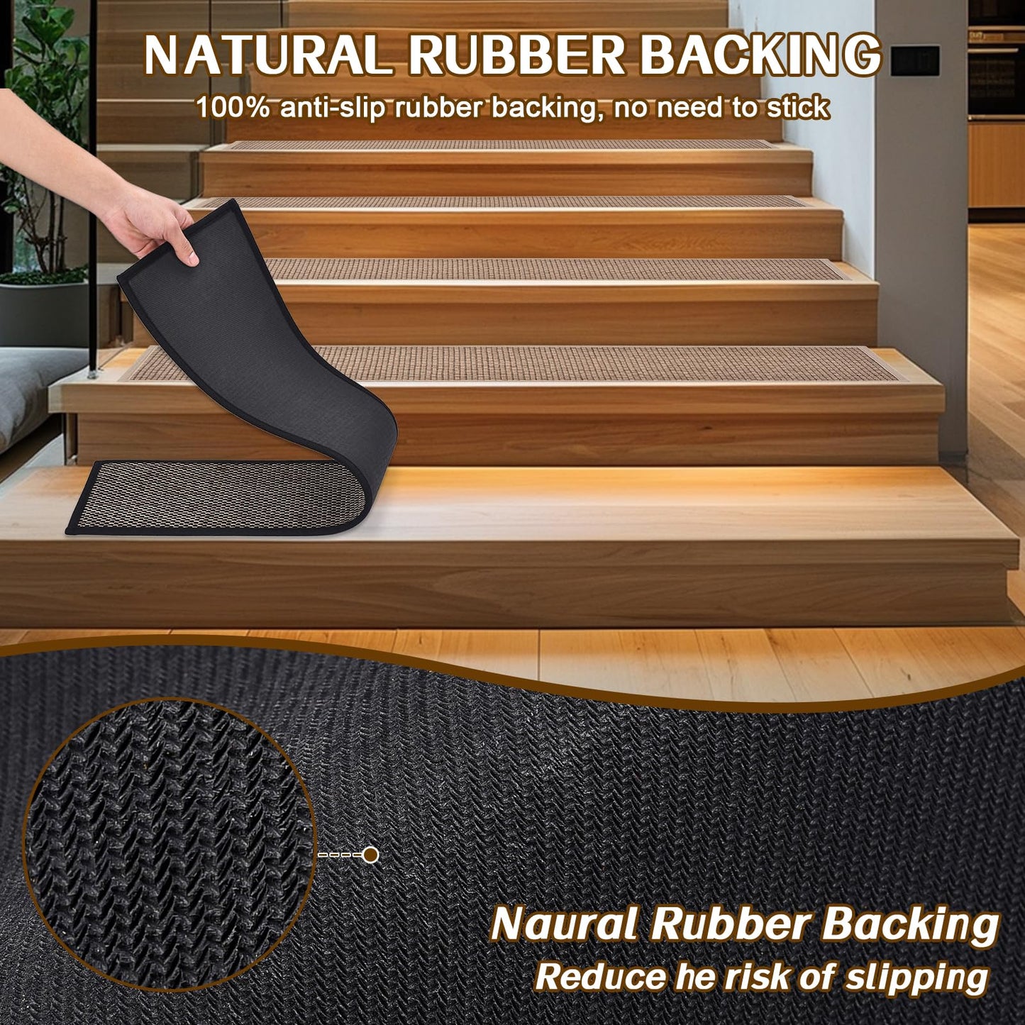 Earcu Non Slip Stair Treads for Wooden Steps, Square Rubber Backing Non Slip Stair Landing Mat, Thicken Linen Carpet Stair Runners Indoor, No Residue Stair Carpet Treads, 29"x29", Black