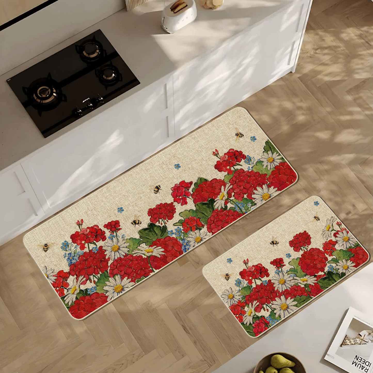 Tikeciti Spring Summer Red Geranium Kitchen Mats Set of 2, Bee and Flower Kitchen Rugs Seasonal Vibrant Daisy Holiday Floor Non-Slip Low Profile Mat Farmhouse Home Decor 17x29 and 17x47 Inch