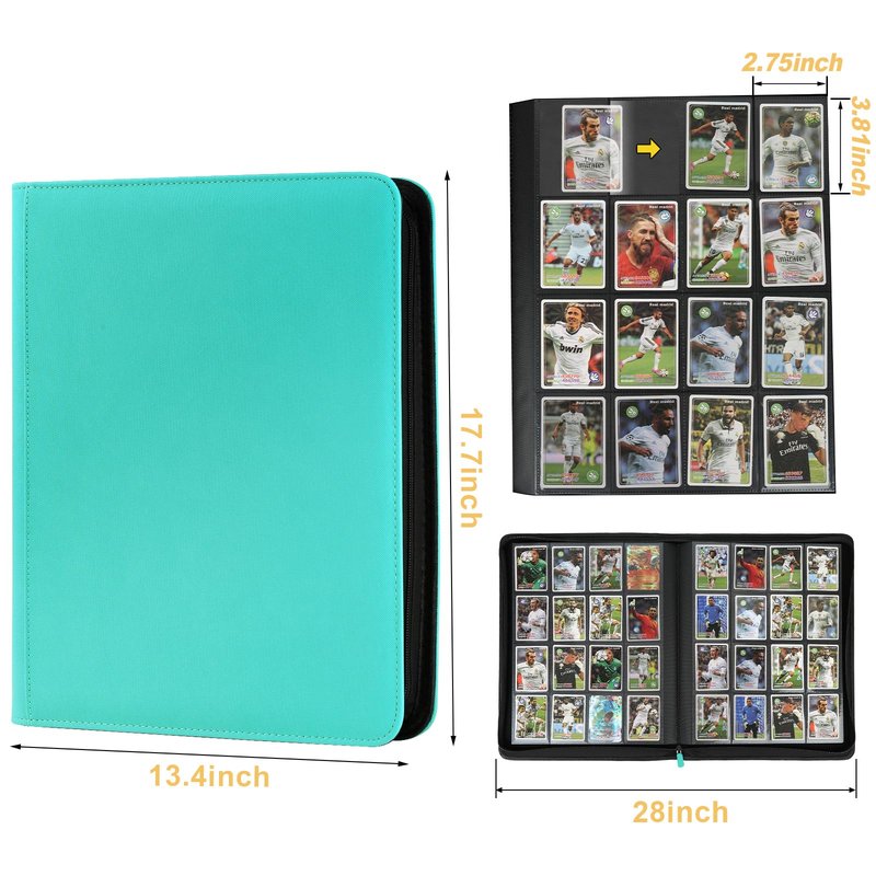 16 Pocket Ringless Side Loading Trading Card Binder, 1024 Cards PU Fixed Page Zipper Card Album for TCG Sports Game Cards, Not Fit Top Loaders(Lake Blue)