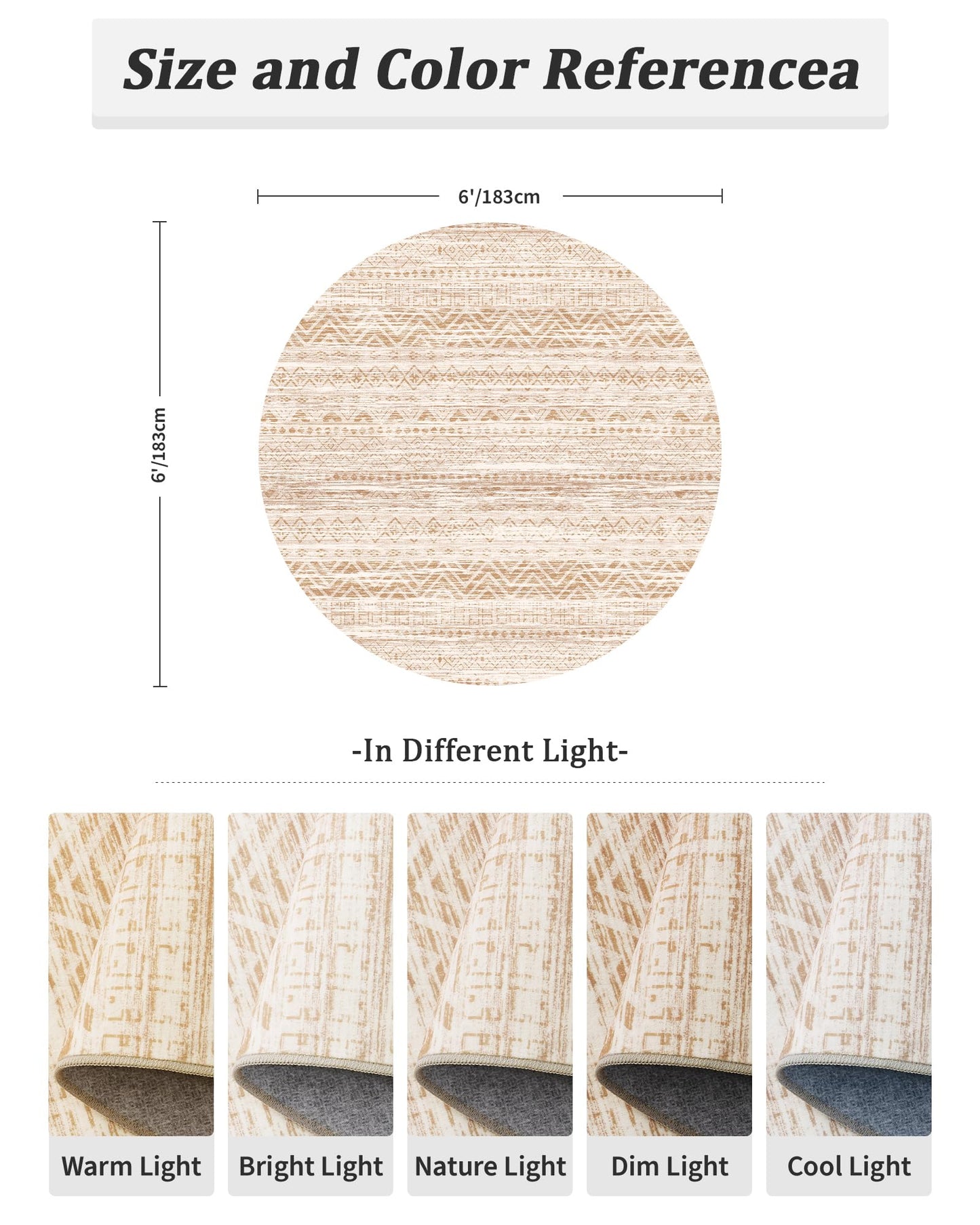 Miukiki Round Rugs 6ft for Living Room Moroccan Washable Circle Rug Non Slip Indoor Floor Carpet Foldable Area Rug for Dining Room with Low Pile(Beige,6'x6')