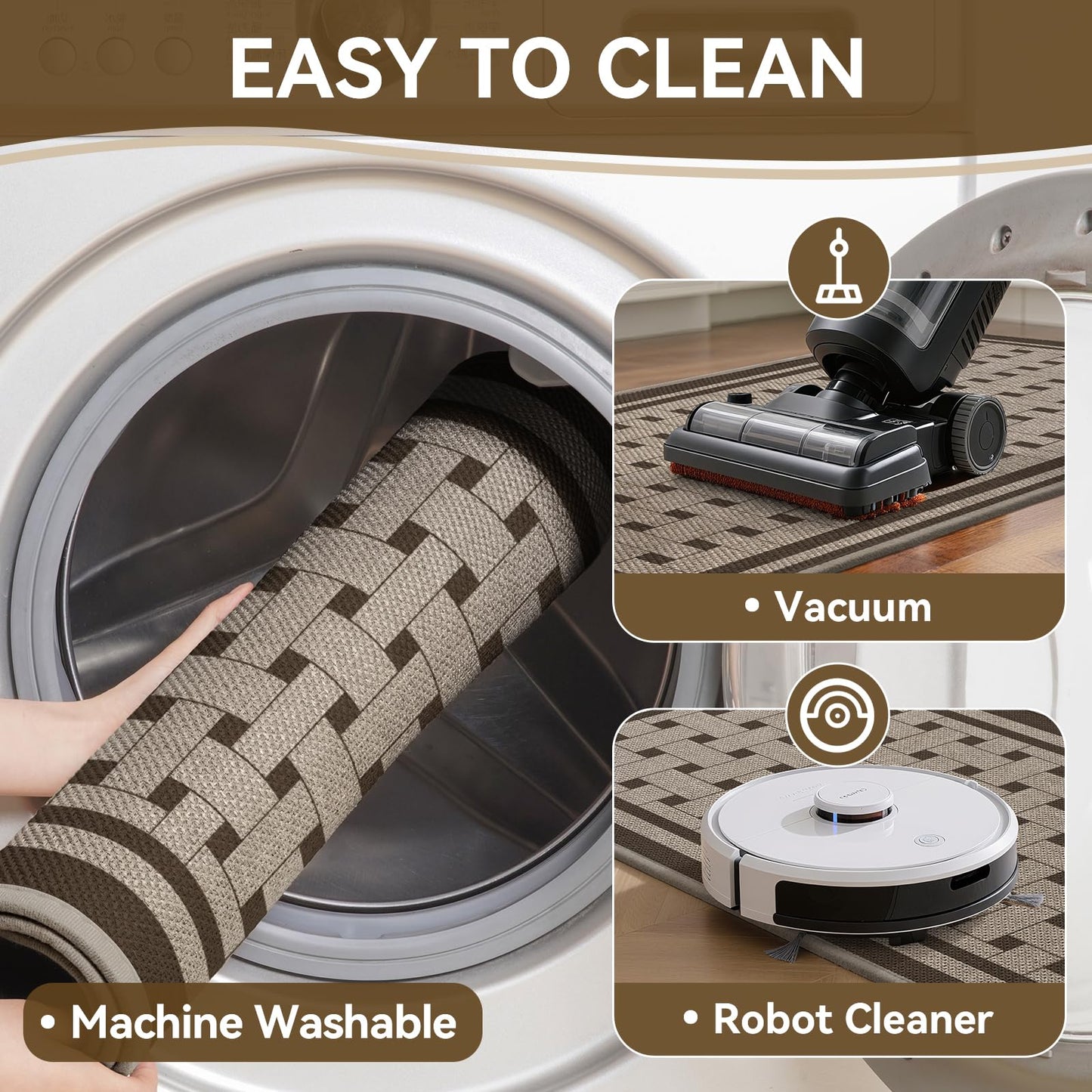 QiCaiJia Kitchen Mats for Floor, 17''x30'' Washable Absorbent Non Slip Kitchen Mat, Braided Kitchen Runner Rug, Kitchen Sink Rug, Brown
