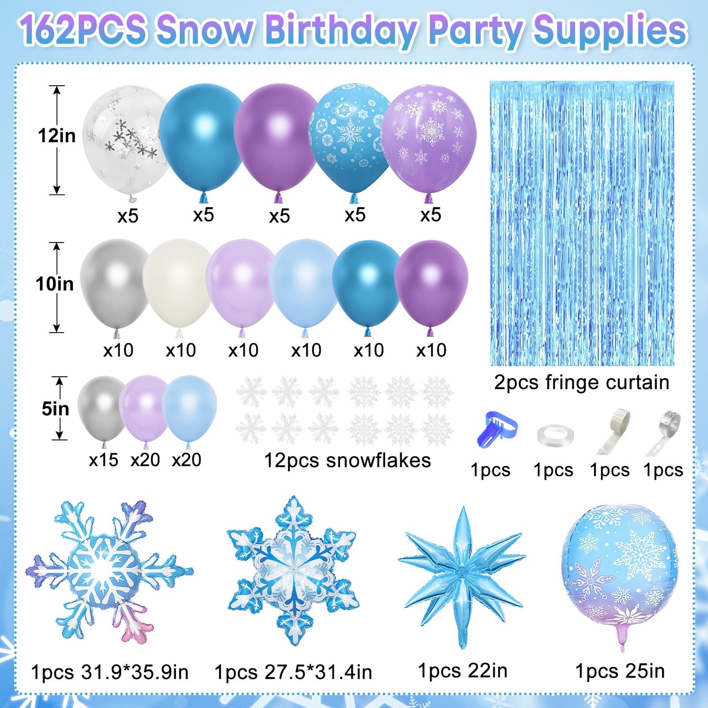 Amandir 162PCS Snow Birthday Party Supplies, Snow Balloon Garland Arch Kit Fringe Curtain Blue Purple Snowflake Confetti Balloons Princess Winter Wonderland Girl Baby Party Decorations