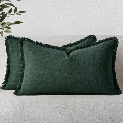 MIULEE Christmas Decorative Lumbar Throw Pillow Covers Neutral Linen Fringe Throw Pillows Set of 2 Army Green Boho Farmhouse Cushion Covers for Couch Sofa Bed Living Room Spring Home Decor 12x20 Inch