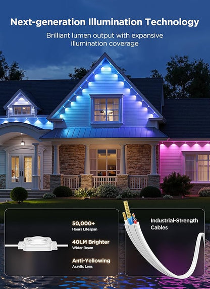 SmartDawn-Permanent-Outdoor-Lights, 100FT 64 Bulbs RGBIC LED Outdoor String Lights, DIY Scene Mode, IP68 Waterproof Christmas Lights for Daily Decor, House Roof, Holiday Decorations, Outside