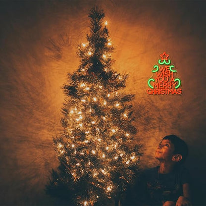 We Wish You a Merry Chritmas Neon Sign, Christmas Tree LED Neon Sign, LED Sign with Star for Christmas Decor, Holiday Wall Decoration, USB Powered, Adjustable Brightness