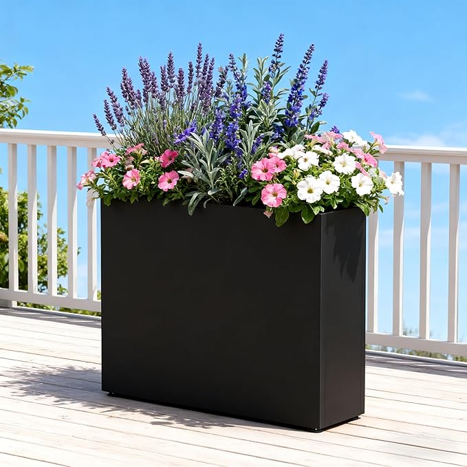 GSK Black Metal Planter Box Rectangular Rustproof Outdoor Plants Indoor Galvanized Steel 37" Lx10 Wx30 H Flower Rectangle Trough Office Commercial Home Patio Balcony Deck Yard Porch