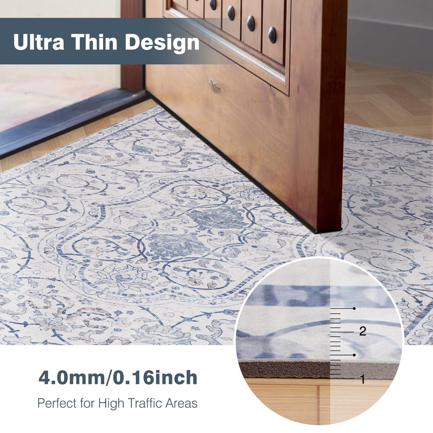 2'×6' Blue Floral Vinyl Runner Rug, Non-Slip Floor Mat for Hallway, Kitchen, Entryway, Waterproof&Stain-Resistant Vinyl Floor Mat, Easy Clean Plastic Floor Protector for High Traffic Areas, Runners