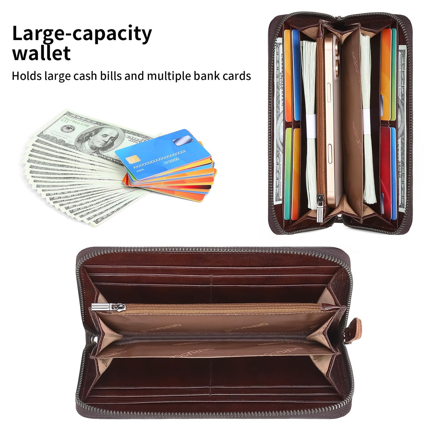 Men's Genuine Leather Zipper Wallet with RFID Blocking, Phone Pocket，Long Zipper Pouch Wallet (Coffee)