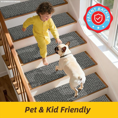 JSEI Stair Treads for Wooden Steps Indoor, Non-Slip Washable Carpet Stair Treads with TPE Backing, Stair Step Mats for Wood Stairs, 14 Pack, 9" x 28", Light Grey
