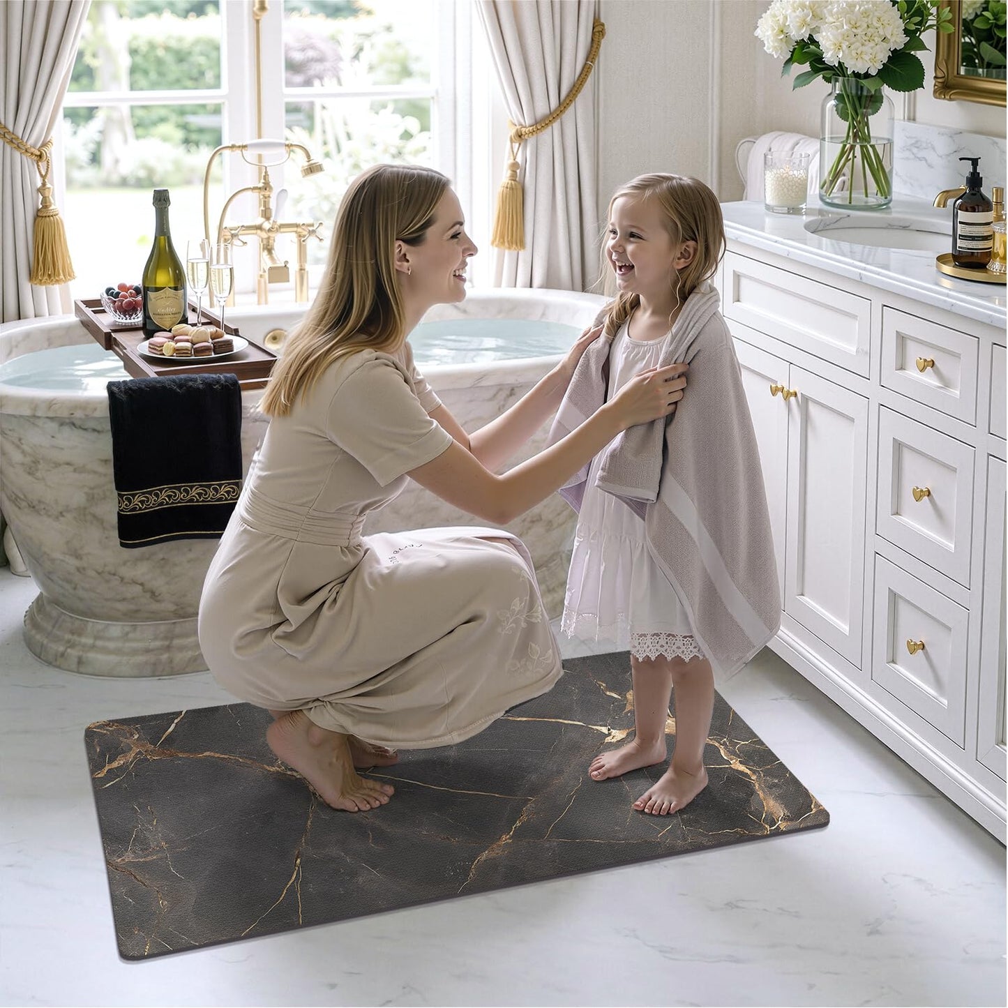 Color&Geometry Ultra Thin Bathroom Rugs Non Slip,Absorbent Quick Dry Bath Mats for Bathroom,Thin Bath Rugs Washable with Rubber Backing Fit Under Door Outside Shower,Gold-Veined Marble,17"x30"