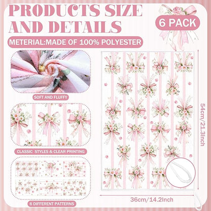 Breling Set of 6 Pink Bow Kitchen Towels Coquette Floral Dish Towel Bathroom