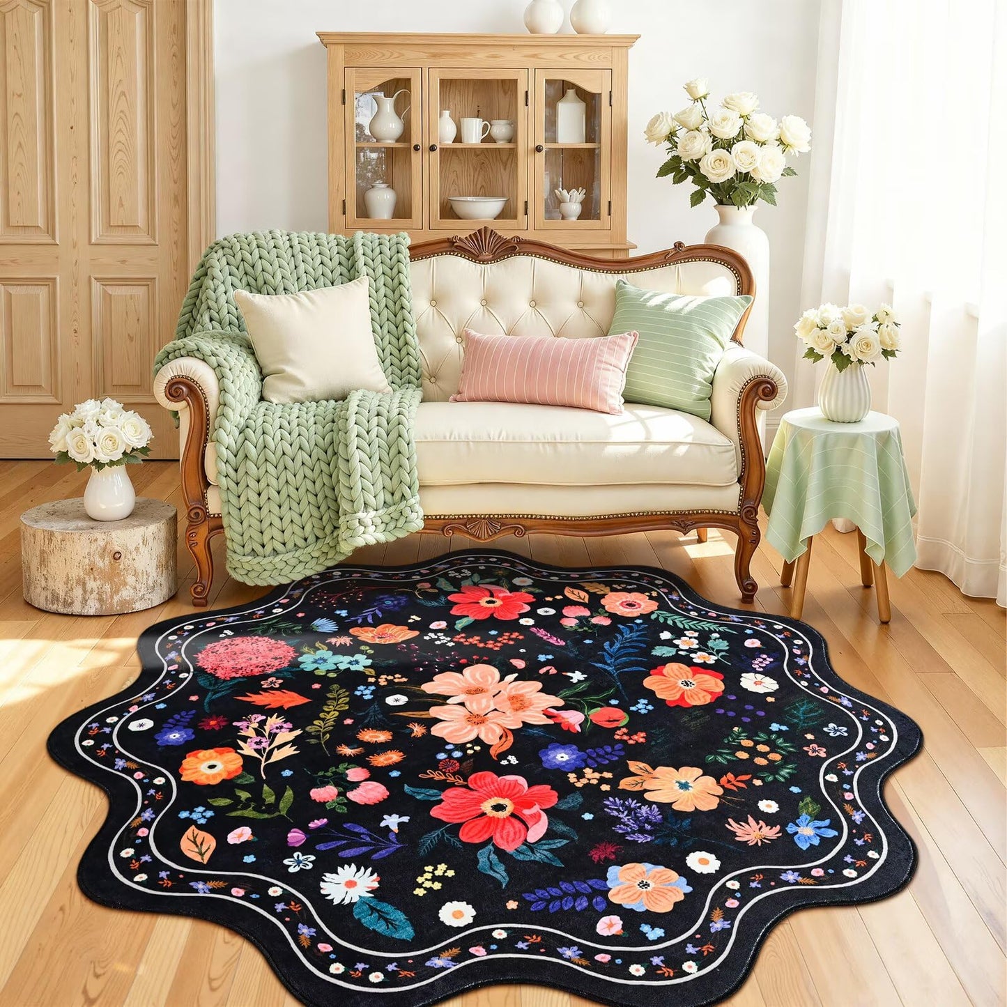 Macgace Black Round Rug for Girls Bedroom, 5ft Machine Washable Floral Area Rugs with Non Slip Backing, Cute Flower Carpet Kitchen Living Room Kids Playroom Decor