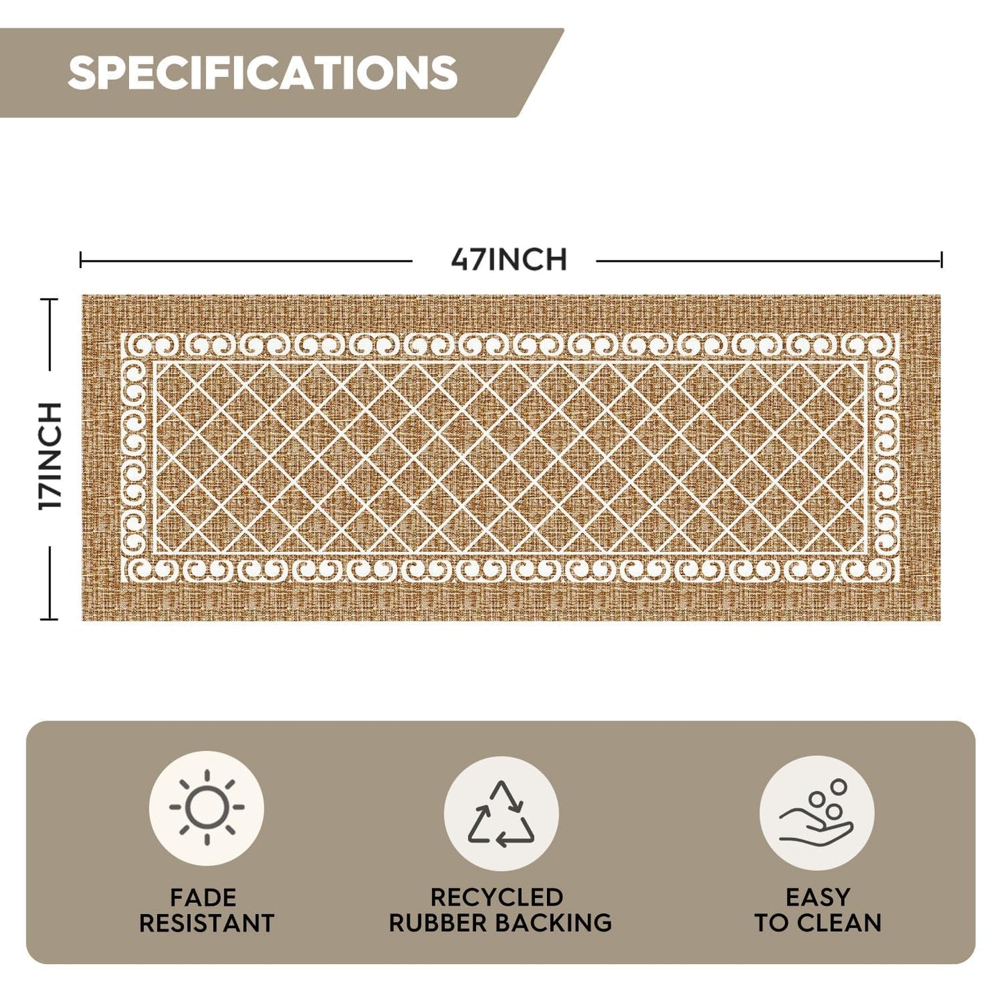 Artoid Mode Beige Washable Diamond Stripe Retro Doormat, Non Slip Absorbent Natural Rubber Back Door Mat Floor Mat 17x47 Inch
