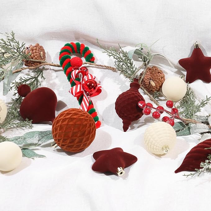 SY Super Bang 30PCS Velvet Christmas Ornaments Set, Flocked Shatterproof Assorted Hanging Xmas Tree Ball Decorations, for Home Party Holiday Decor, Coffee, Beige