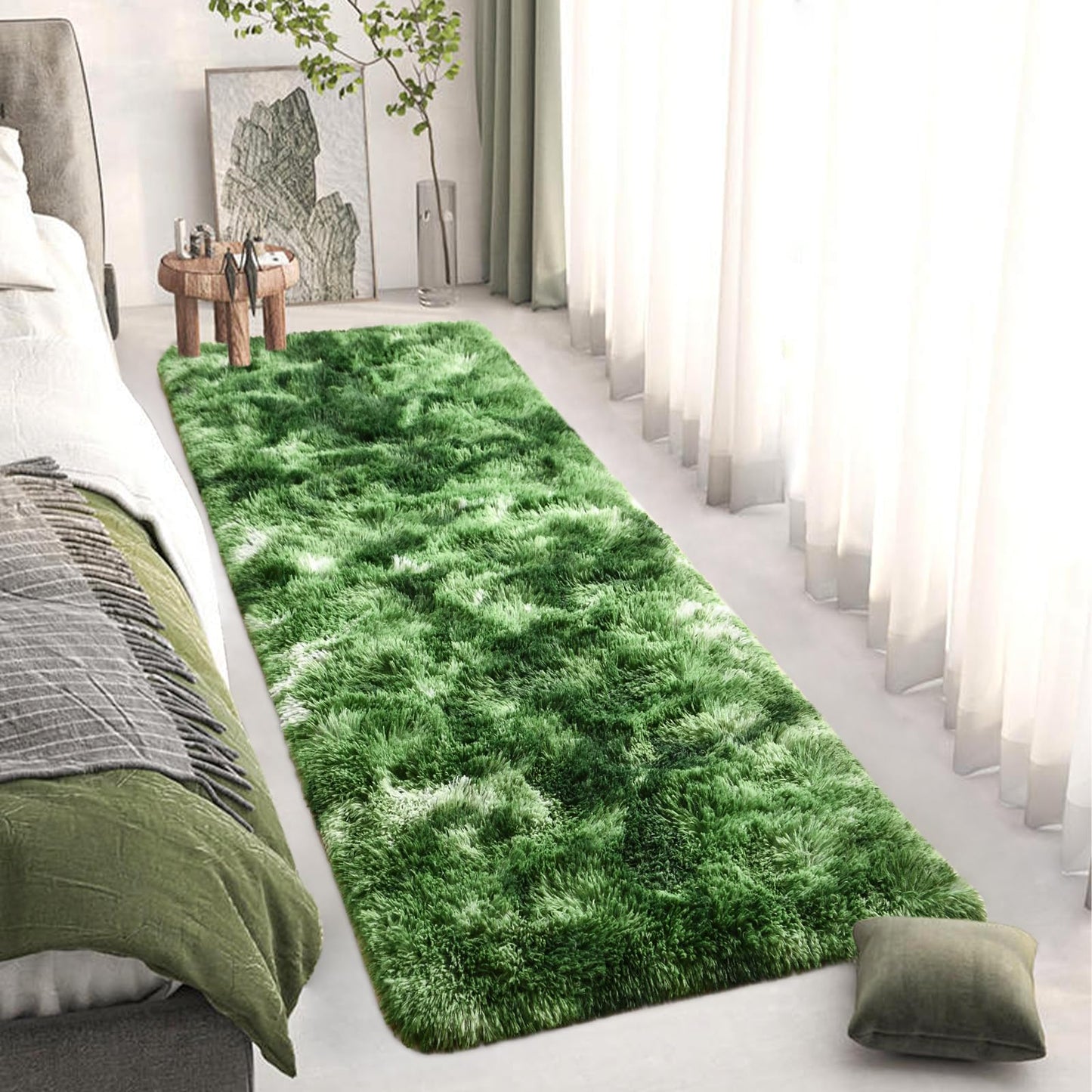DweIke Fluffy Dark Green Runner Rugs for Bedroom, 2x6 Feet Soft Plush Long Moss Runners for Girls Boys Kids, Non-Slip and Machine Washable Bedside Rug, Small Throw Carpet for Hallway Rooms Decor