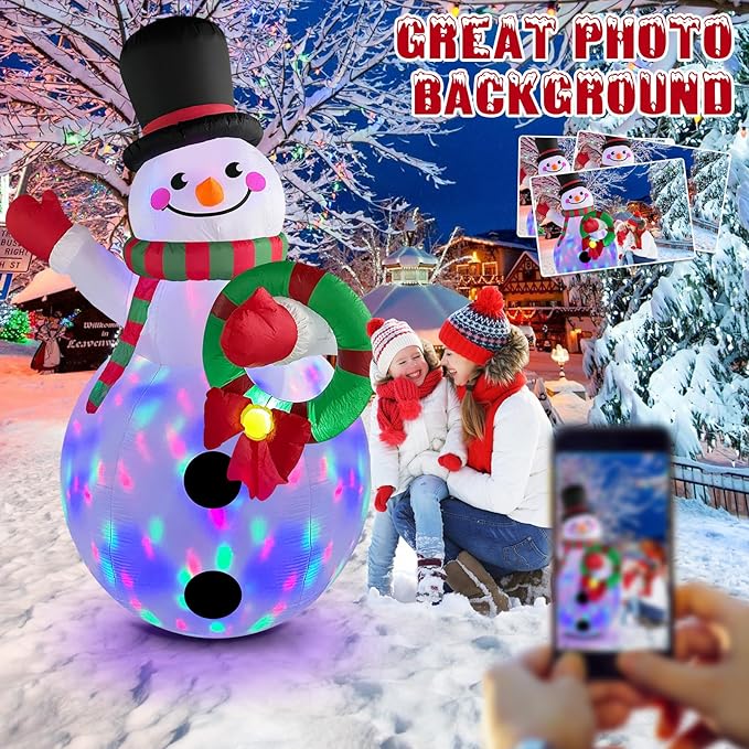 Danxilu 6 FT Christmas Inflatable Snowman with Colorful Rotating Led Lights Outdoor Yard Decorations, Blow up Snowman with Wreath and Cheerful Waving Xmas Decor for Garden Lawn Porch Holiday Party