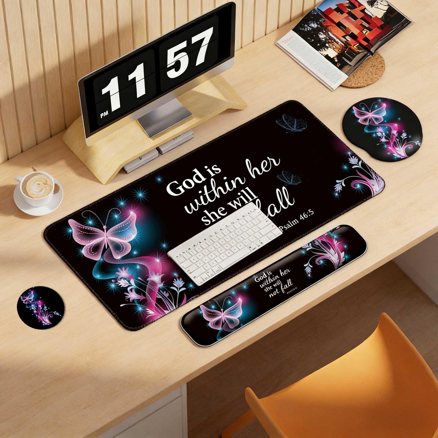 Desk Mat Set + Keyboard and Mouse Pad with Wrist Rest Support,4-in-1 Large Mousepad Computer Mats for Desktop Home & Office-Purple Butterflies