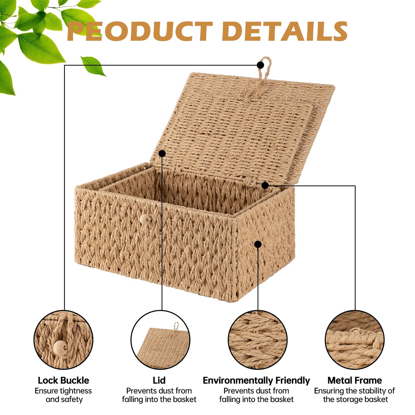 OIAHOMY Wicker Storage Basket with Lid & Lock, Lidded Storage Bins, Decorative Baskets for Organizing, Set of 2-Natural