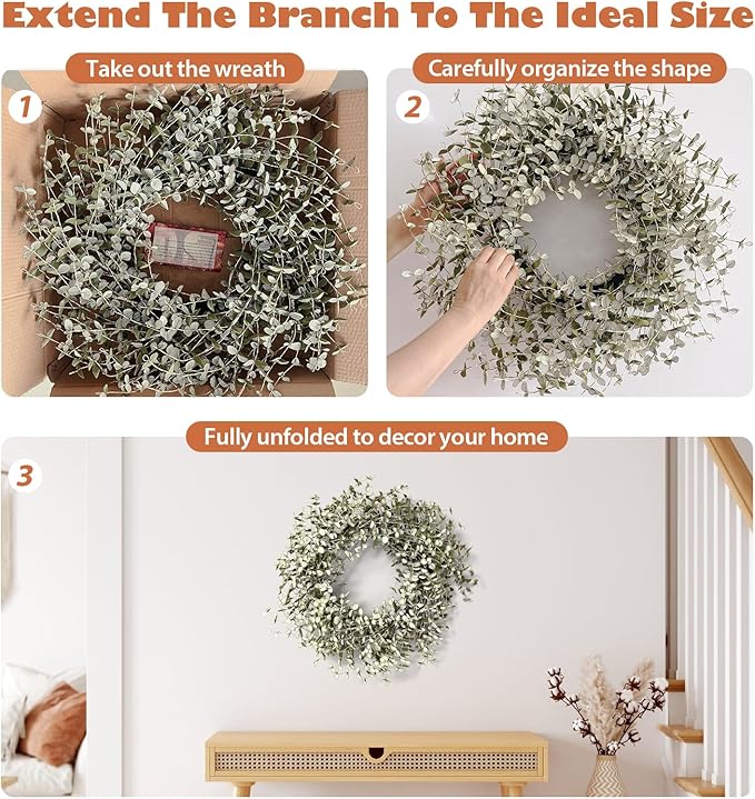 26 Inch Fall Wreath for Front Door Large Eucalyptus Wreaths with Mini White-Green Leaves, Autumn Greenery Wreath on Grapevine for Fall Door Decor Farmhouse Wall Window Home Decoration