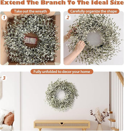 26 Inch Fall Wreath for Front Door Large Eucalyptus Wreaths with Mini White-Green Leaves, Autumn Greenery Wreath on Grapevine for Fall Door Decor Farmhouse Wall Window Home Decoration