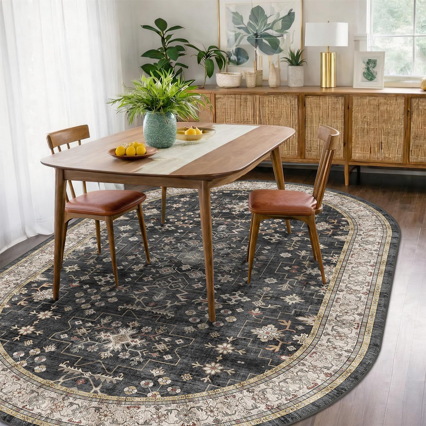 Washable Oval Rug 5x8 - Black Farmhouse Oval Area Rugs for Dining Room, Kitchen Table, Living Room, Bedroom, Reading Corner Rug, Dark Boho Floor Carpet Low Pile Non-Slip & Stain Resistant