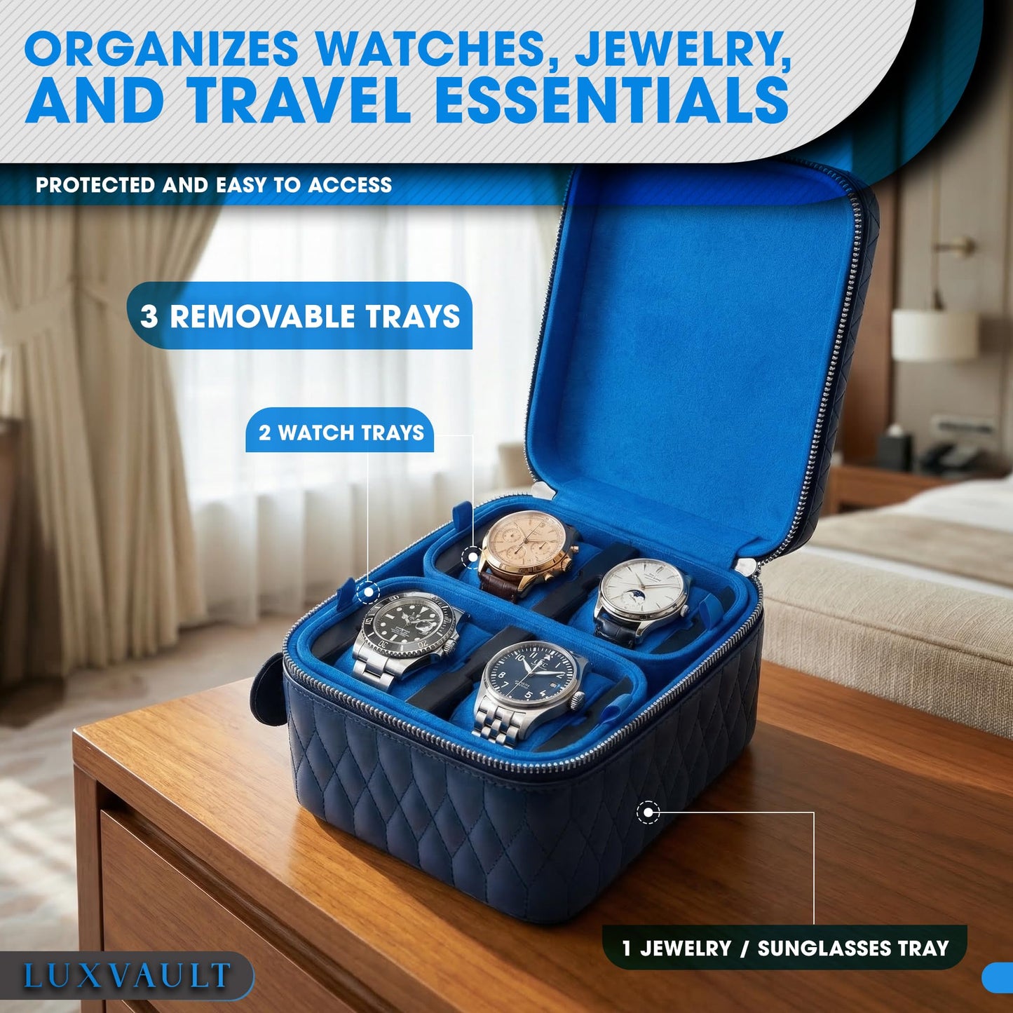 LUXVAULT Travel Watch Case - Luxury Watch Box Organizer, Leather Mens Jewelry box Organizer with Ultra-Suede Lining, 4-Slot watches case with Sliding Cushion System & Compartments for Sunglasses