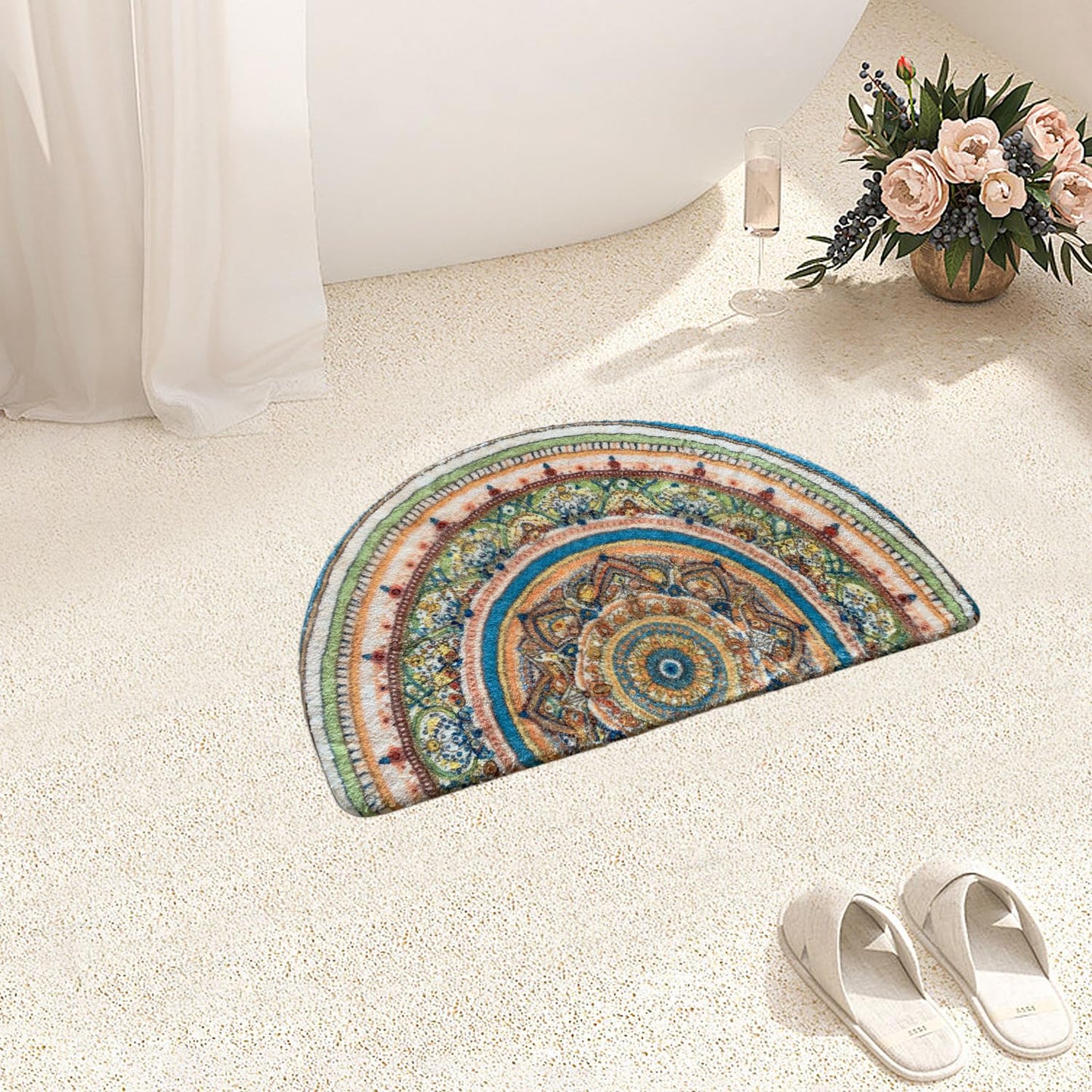 Mandala Half Round Mat Boho Semi Circle Rug Doormat Floral Bathmat Non-Slip Bathroom Rugs Floor Door Mats Half Moon Area Rug Bohemian Decor Semicircle Carpet (Green)