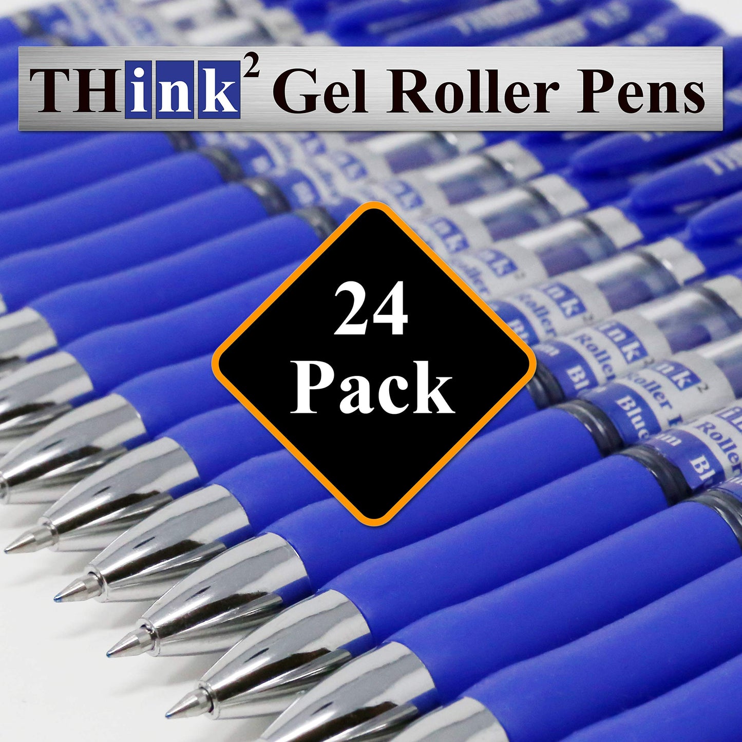 [24 Pens - Blue Ink] Think2 Retractable Gel Pens. (24 Blue) Fine Point (0.5mm) Rollerball Pens with Comfort Grip.