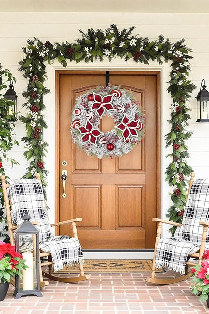 24 inch Christmas Door Wreath, Poinsettia Wreaths for Front Door with Candy Cane Red and White Ball Berries for Fireplace Xmas Decorations, Wall Window Indoor Outdoor Decor