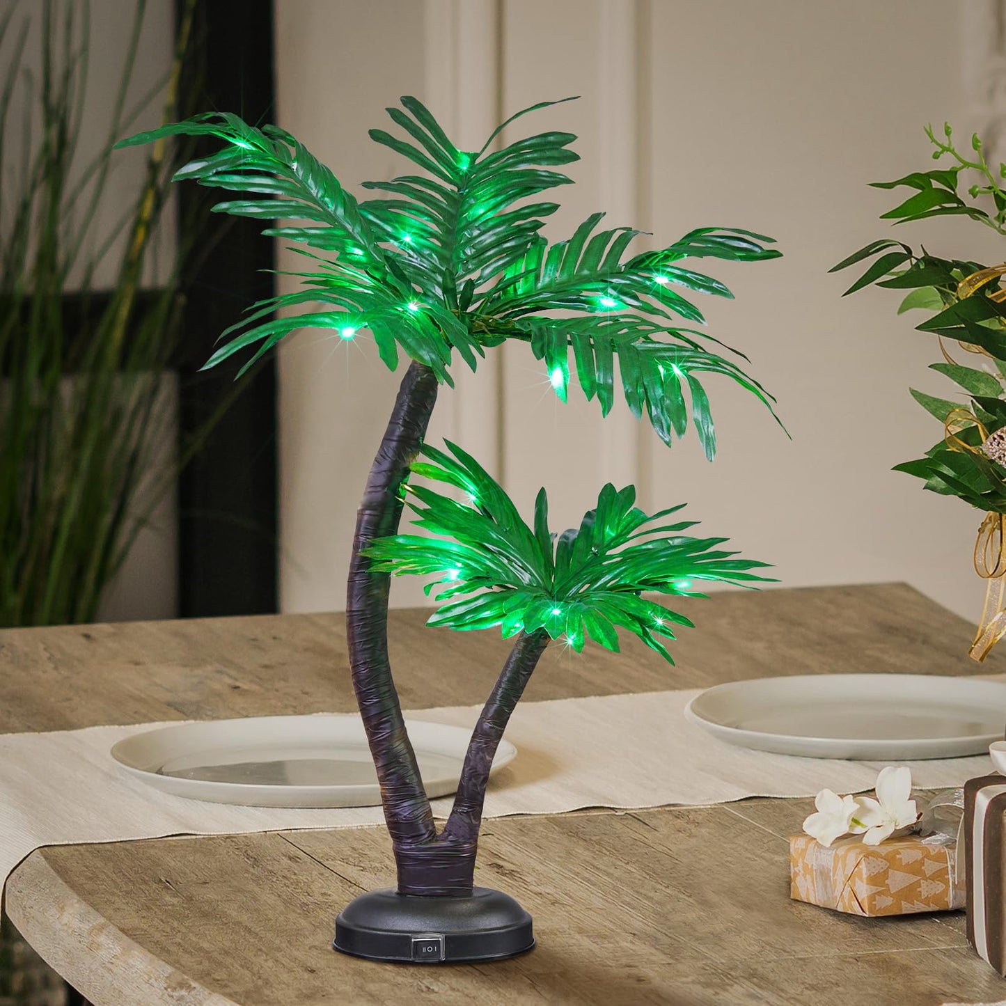 LIGHTSHARE 24Inch Twins Palm Tree Bonsai 25LED Lights,Green Light,Battery Powered or Plug-in Adapter (Included), Built-in Timer