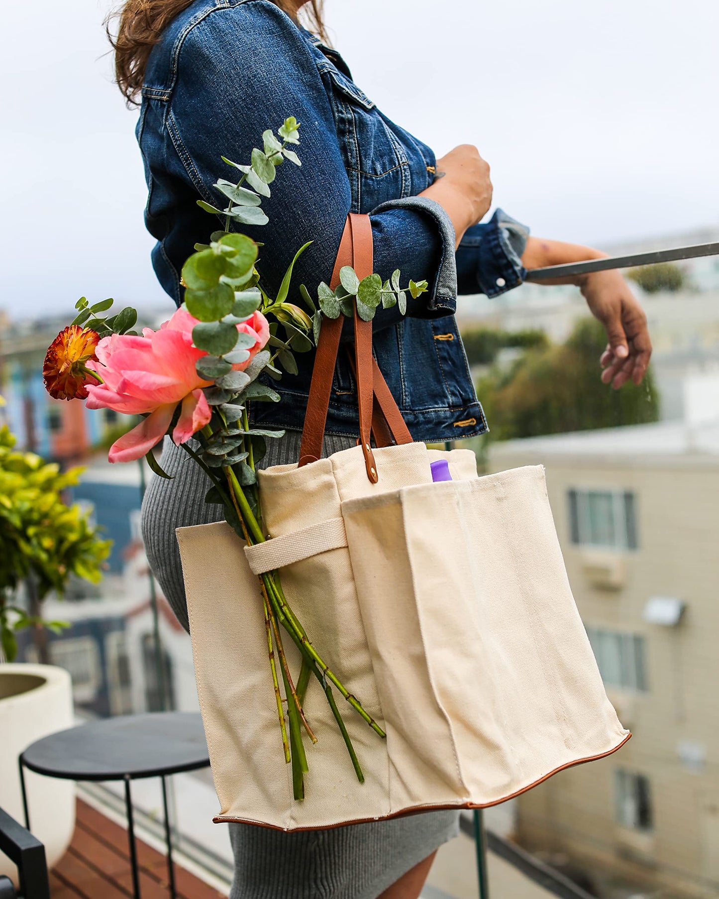 CapaBunga Farmer's Market Tote Shopping Bags with Handles - 7 Pocket Large Utility Tote Bag - Heavy Duty Canvas Utility Bag with Vegan Leather Base - Reusable Tote Bag - Natural Grocery Bag