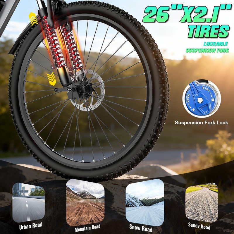 Electric Bike for Adults, 26" Commuter Ebikes with 7-Speed Gears, 25MPH Lightweight E Bike, 720W Peak Motor, 375Wh Removable Battery, 50 Miles Range, Electric Mountain Bicycle for All Terrain (Gray)
