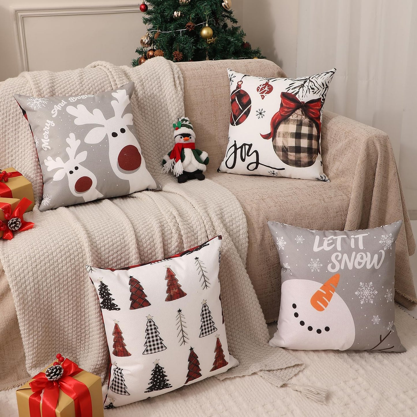 multiwins Double-Sided Print Christmas Pillow Covers 20"x 20" Set of 4, 8 Cute Christmas Patterns, Tree, Reindeer, Snowman, Joy, Let It Snow, Believe Etc, Perfect for Home Decor