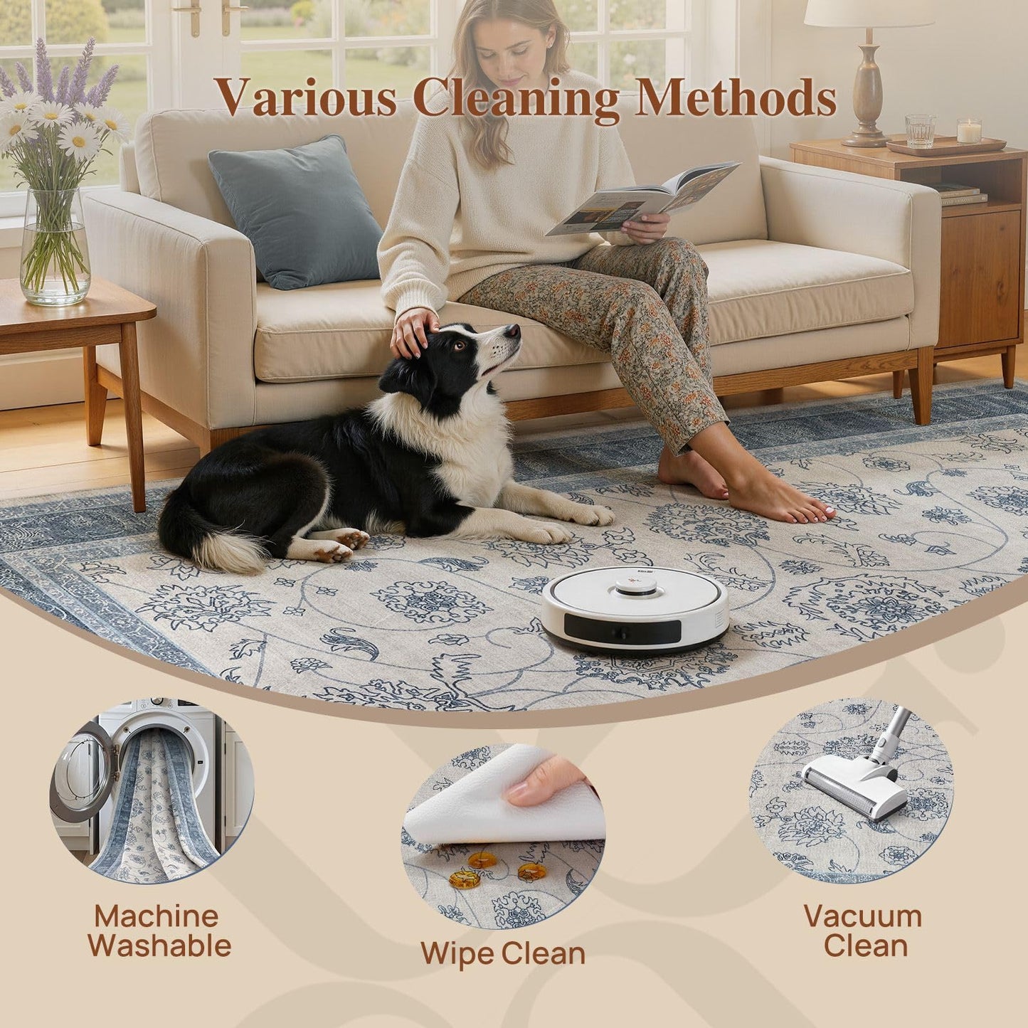 UERMEI 3x6 Machine Washable Runner Rug: Vintage Non Slip Low-Pile Stain-Resistant Hallway Floor Carpet, Soft for Entryway Kitchen Bathroom, Kid Pet Safe Robot Vacuum Friendly - Blue