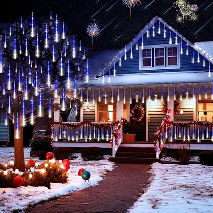KNONEW 2Pack Total 48 Tube Meteor Shower Lights,15 in 672 LEDs Christmas Lights Outdoor Waterproof Plug in Falling Rain Light for Xmas Tree Wedding Party Garden Decorations (Blue and Cool White)