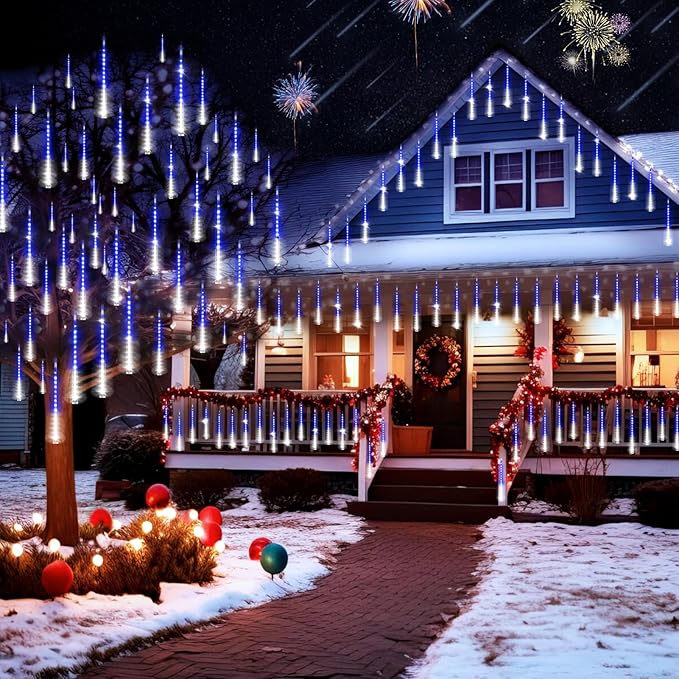 KNONEW Christmas Lights Outdoor, 15 inch 24 Tubes 672 LED Meteor Shower Lights Plug in Waterproof Falling Rain Light for Xmas Tree Wedding Party Garden Holiday Decorations (Blue and Cool White)