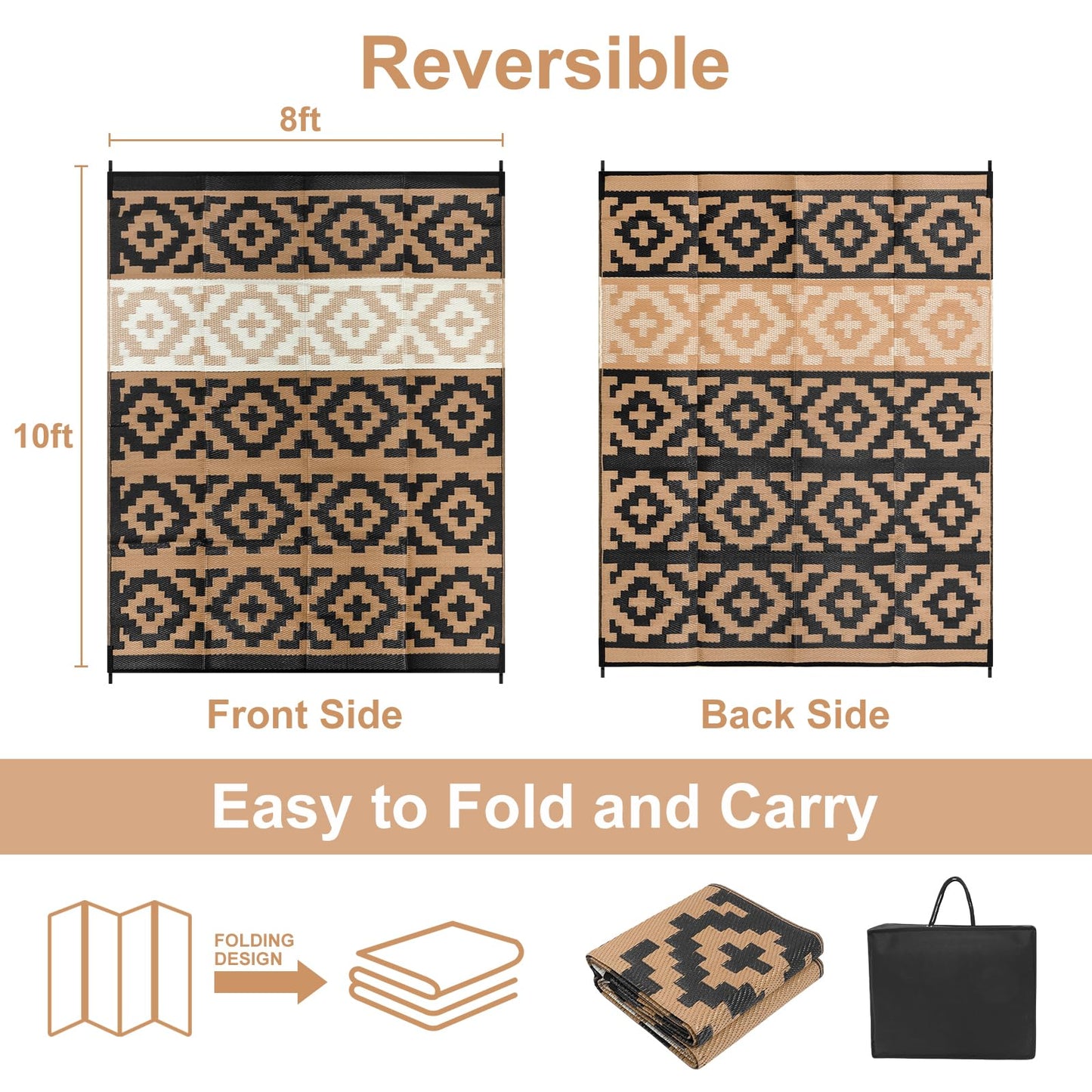 Anidaroel Outdoor Rugs 8x10 for Patios Clearance, Reversible Plastic Straw Outside Rug, Large Outdoor Area Rug RV Camping Mat for Deck, Backyard, Picnic, Beach, Trailer(Black&Brown, 8‘x10')