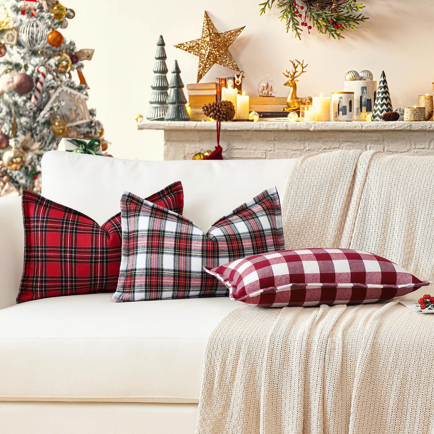 OTOSTAR Pack of 2 Christmas Scottish Plaid Throw Pillow Covers Decorative Check Tartan Lumbar Pillow Covers with Stitched Edge for Sofa Couch Bed Farmhouse Home Decor 12x20 Inches, Red