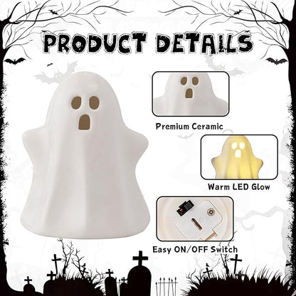 4PCS Halloween Ceramic Ghosts Light Up LED White Spooky Ghosts Figurines Scary Statue Sculpture Halloween Decor Gift for Fall Props Desk Tabletop Centerpieces Home Indoor Decorations