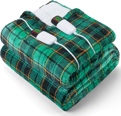 Electric Heated Blanket King Size, 90X100 Christmas Blanket with Dual Control&10 Heats Levels&Timer for Bed,Large Green Plaid Soft Sherpa Heating Blankets Warmer Gifts for Grandma Women Adults