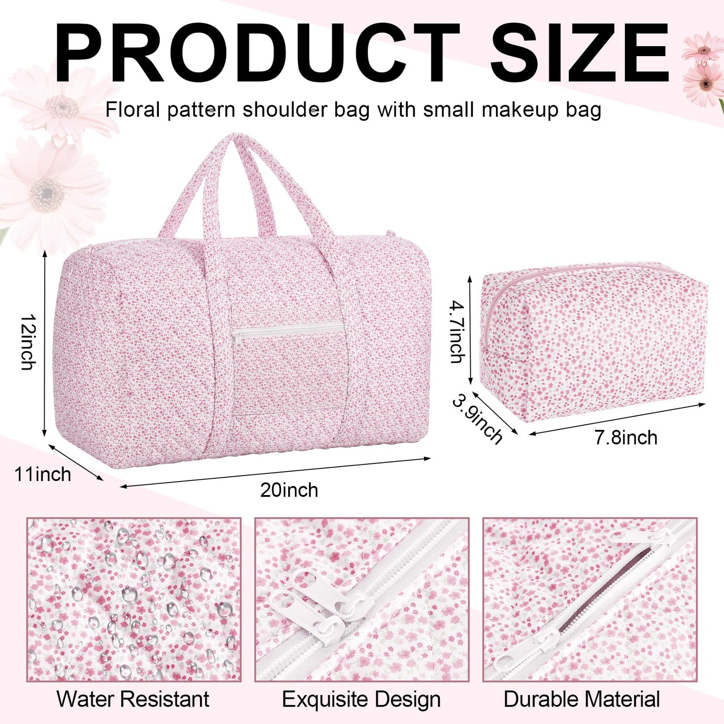 Bulyoou 2 Pack Floral Travel Duffel Bag Large Quilted Travel Duffle Bag and Floral Makeup Pouch Portable Gym Lightweight Weekender Organizer with Zipper Pockets Grocery Pouch for Women(Pink)