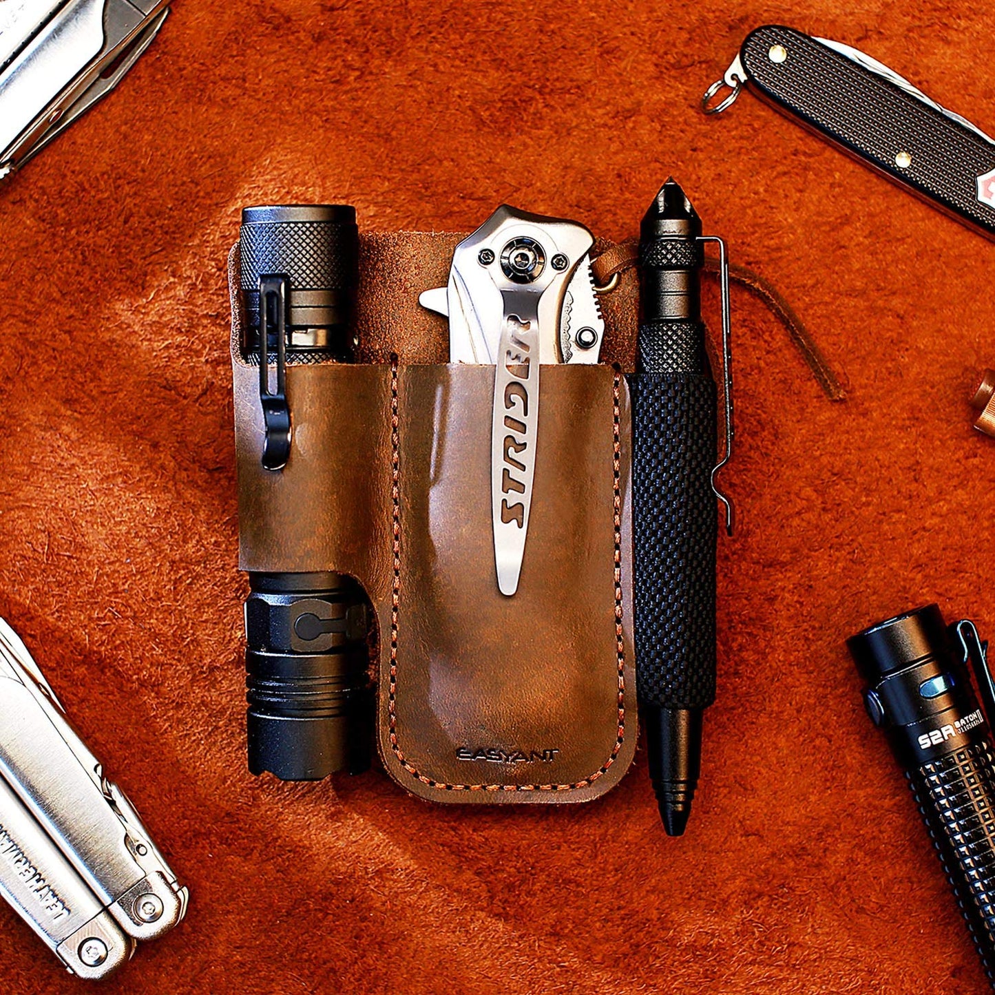 EASYANT Men Leather EDC Organizer Sheath Handmade Tactical Tool Pouch Holster with Belt Clip Brown