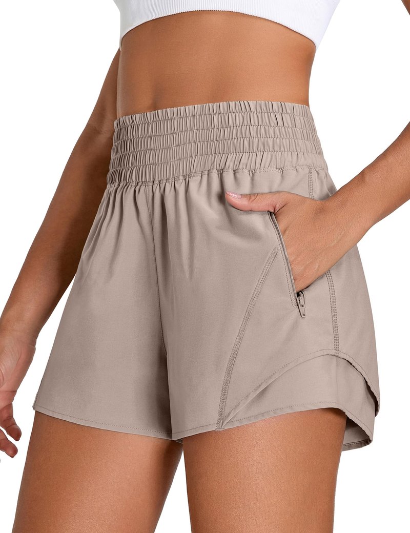 BMJL Women's Athletic Shorts High Waisted 2.5" Running Short with Zipper Pocket Sporty Yoga Gym Workout Shorts(M,Khaki)