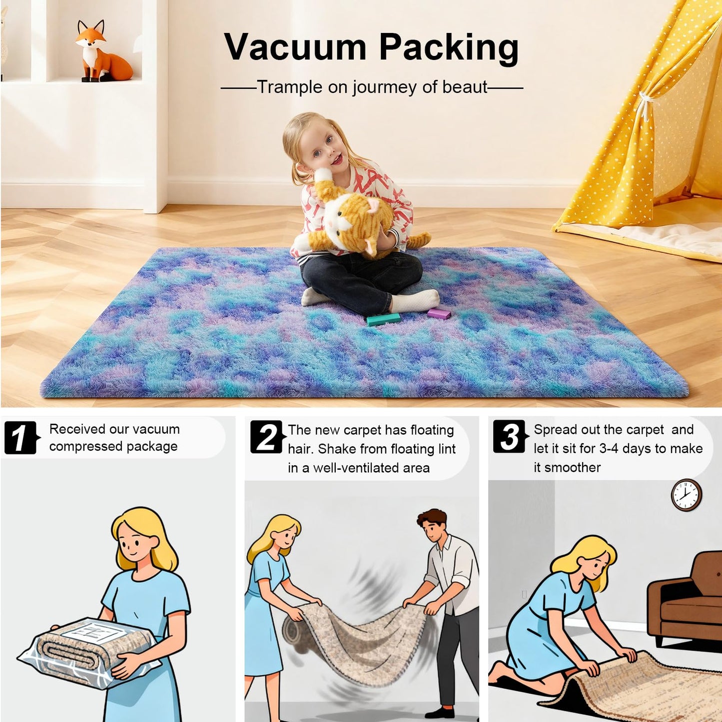 Ehayx 2x3 Rugs for Bedroom, Fluffy Area Rugs for Living Room, Small Fuzzy Shag Soft Carpet with 4 Non-Slip Adhesive Strips for Kids Boys and Girls Nursery Dorm Room Home Decor (2ft X 3ft, Rainbow)